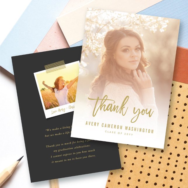 Carte De Remerciements Brosse Or Script Calligraphie Photo Graduation (Gold Brushed Script Calligraphy Photo Modern Graduation Thank You Card @ zazzle.com/color_therapy)