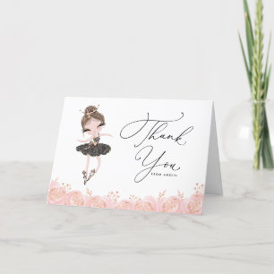 Carte De Remerciements Brunette Ballerina en Robe Noire Floral Anniversai