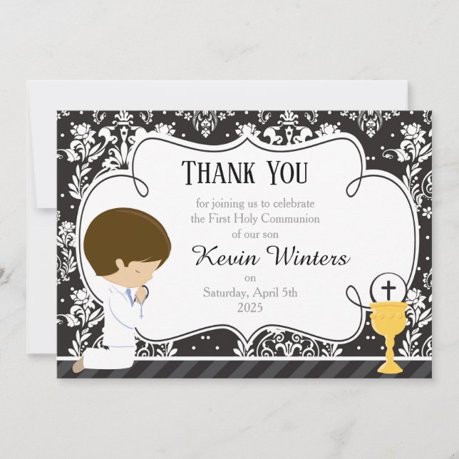 Carte De Remerciements Brunette Boy First Communion Damask (Devant)