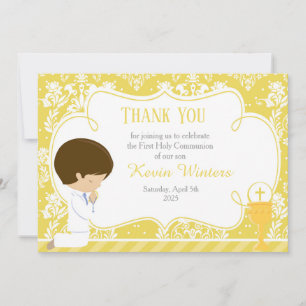 Carte De Remerciements Brunette garçon First Communion Damask