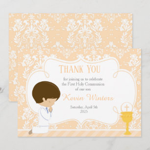 Carte De Remerciements Brunette garçon First Communion Damask