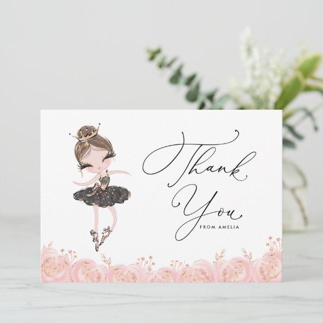 Carte De Remerciements Brunette Girl Ballerina en robe noire Anniversaire (Debout devant)