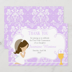 Carte De Remerciements Brunette Girl First Communion Damask