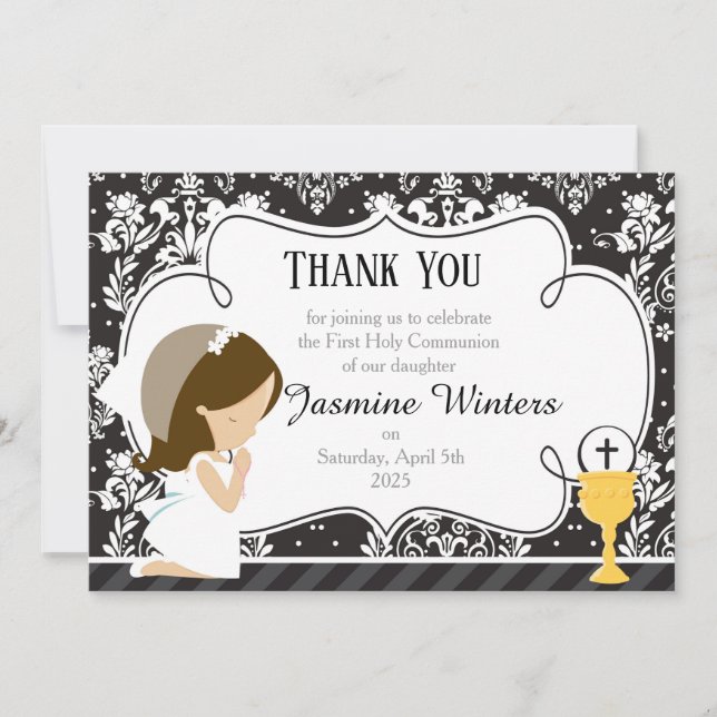 Carte De Remerciements Brunette Girl First Communion Damask (Devant)