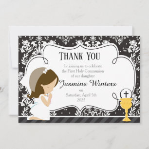 Carte De Remerciements Brunette Girl First Communion Damask