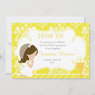 Carte De Remerciements Brunette Girl First Communion Damask