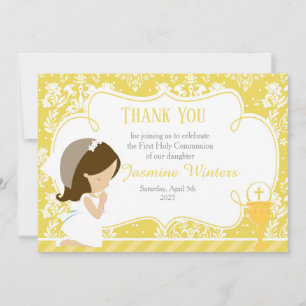 Carte De Remerciements Brunette Girl First Communion Damask
