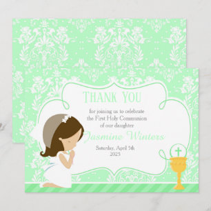 Carte De Remerciements Brunette Girl First Communion Damask