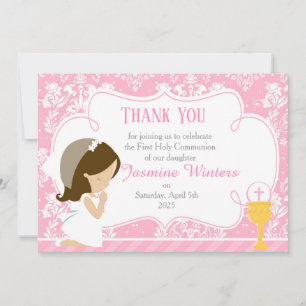 Carte De Remerciements Brunette Girl First Communion Damask