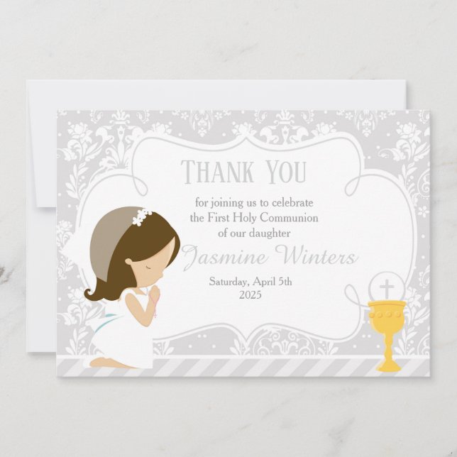 Carte De Remerciements Brunette Girl First Communion Damask (Devant)