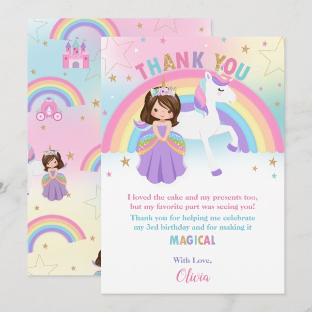 Carte De Remerciements Brunette Princess et Rainbow Unicorn Anniversaire (Devant / Derrière)