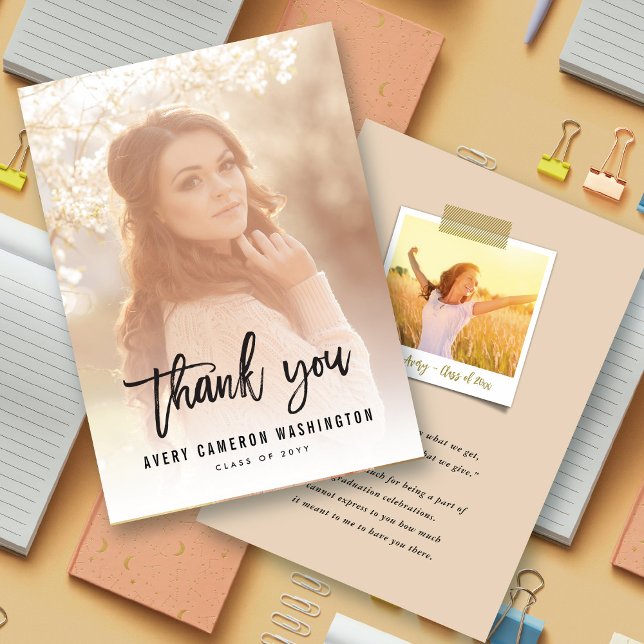 Carte De Remerciements Brush noir Script Calligraphie Photo Graduation (Black Brush Script Calligraphy Modern Photo Graduation Thank You Card @ zazzle.com/color_therapy)