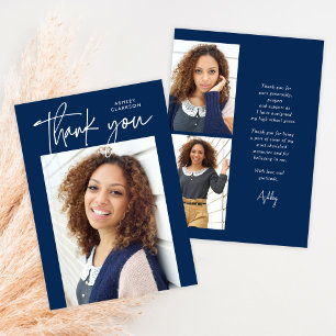 Carte De Remerciements Budget bleu Moderne Calligraphie Photo Graduation