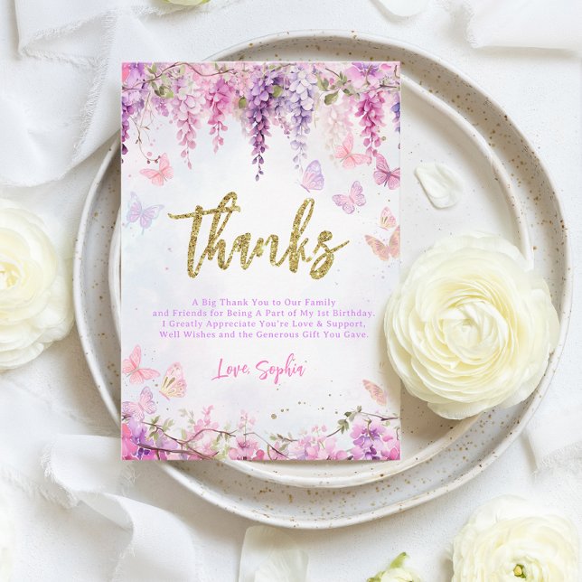 Carte De Remerciements BUDGET Fille Wistéria Or Papillon Enfants Annivers (Créateur téléchargé)