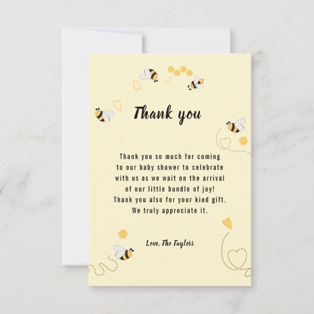 Carte De Remerciements Bumblebee Miel Baby shower neutre selon le sexe (Devant)