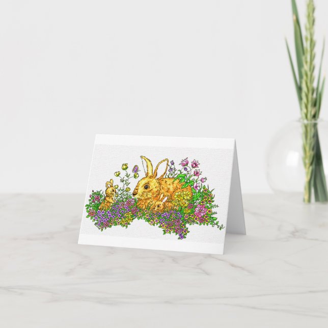 Carte De Remerciements Bunnies Springtime dans un champ de fleurs (Devant)