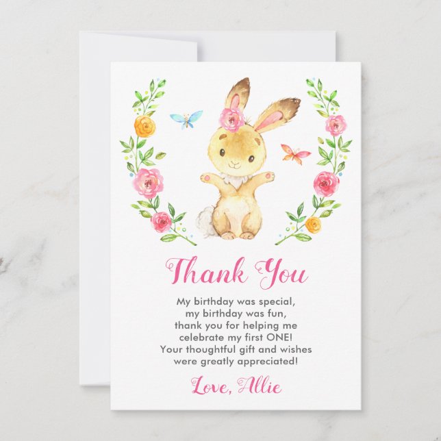 Carte De Remerciements Bunny Baby Girl Premier anniversaire fête Floral R (Devant)
