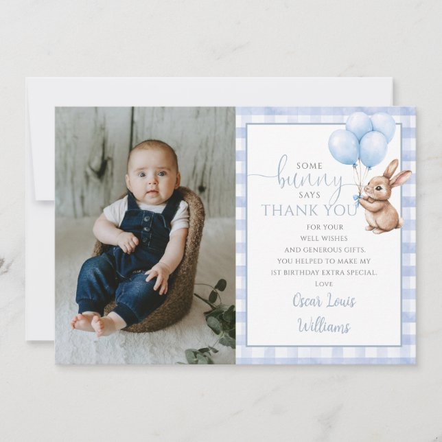 Carte De Remerciements Bunny Blue Balloons Photo 1st Birthday Party (Devant)