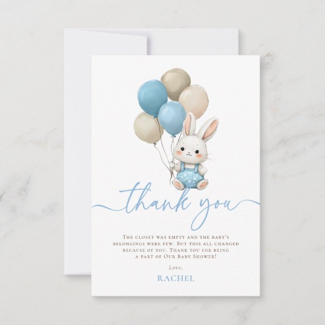 Carte De Remerciements Bunny Lapin Balloons Blue Boy Baby shower (Devant)