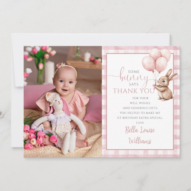 Carte De Remerciements Bunny Pink Balloons Photo 1st Birthday Party (Devant)