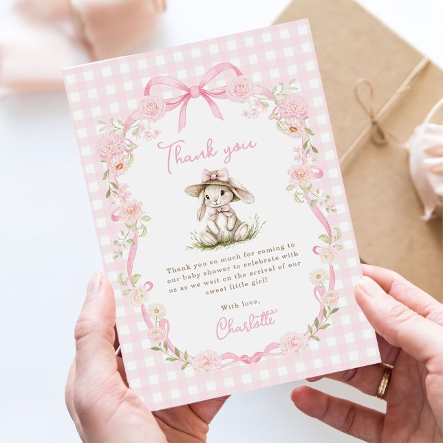 Carte De Remerciements Bunny Pink Bow Gingham Baby Shower (Créateur téléchargé)