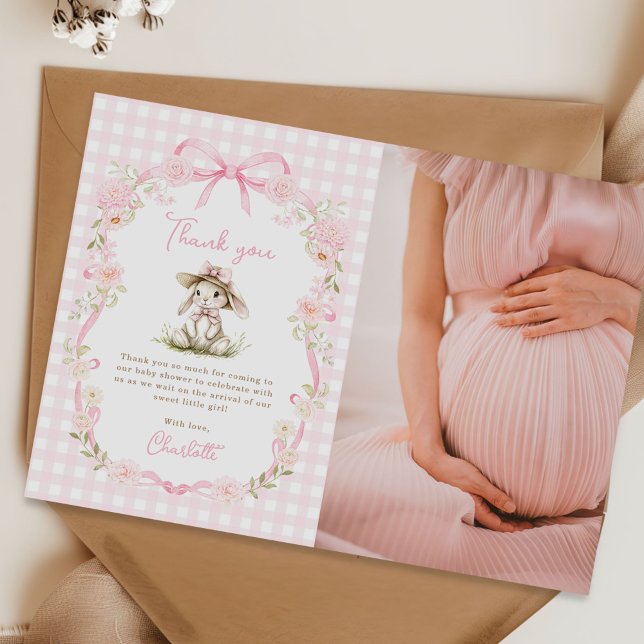 Carte De Remerciements Bunny Pink Bow Gingham Baby Shower Photo (Créateur téléchargé)