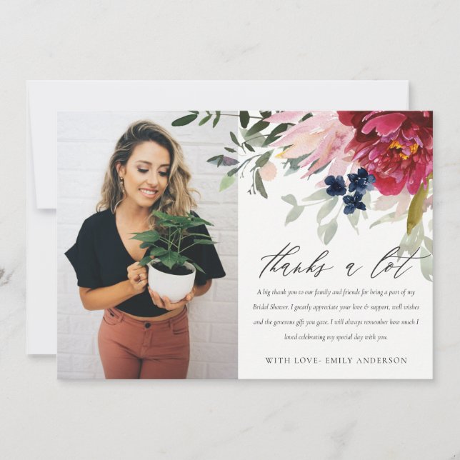 Carte De Remerciements Burgundy Blush Floral Bouquet Photo Shower de Mari (Devant)