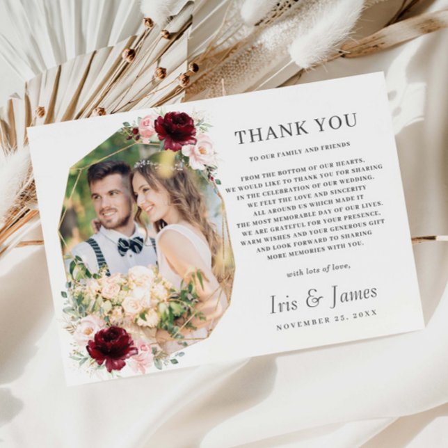 Carte De Remerciements Burgundy Blush Floral Mariage photo géométrique (Créateur téléchargé)