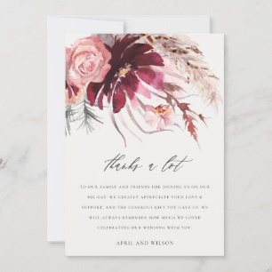 Carte De Remerciements Burgundy Blush Rose Floral Pampas Grass Mariage