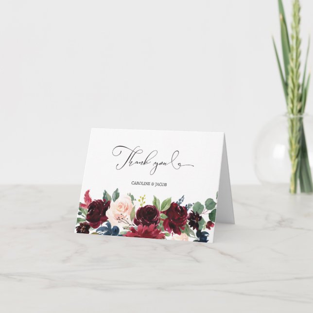 Carte De Remerciements Burgundy Blush Rose Navy Blue Floral Mariage (Devant)