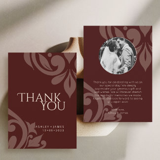 Carte De Remerciements Burgundy Elegant Chic Damask Photo Wedding 
