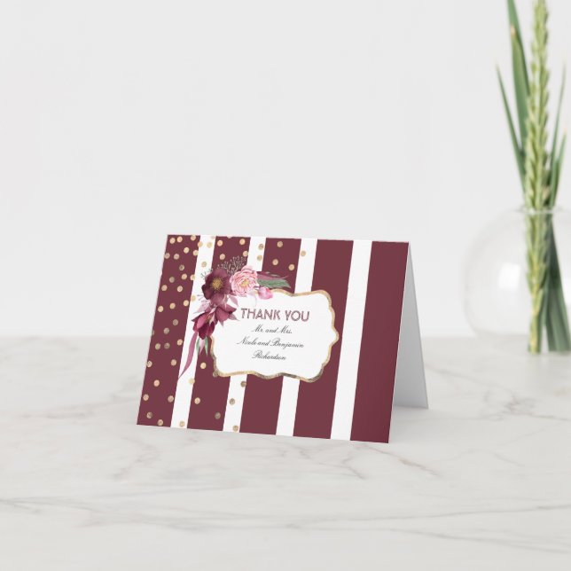 Carte De Remerciements Burgundy Floral and Gold Confetti Dots Thank You (Devant)