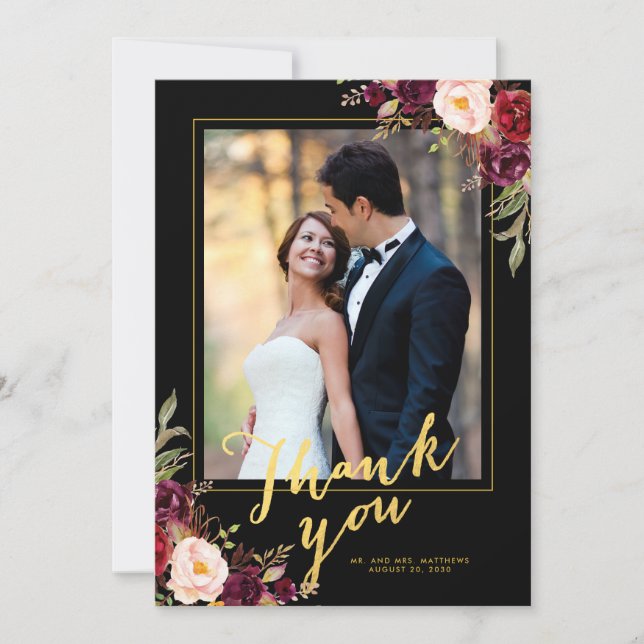 Carte De Remerciements Burgundy Floral Black Gold Script Mariage Photo (Devant)
