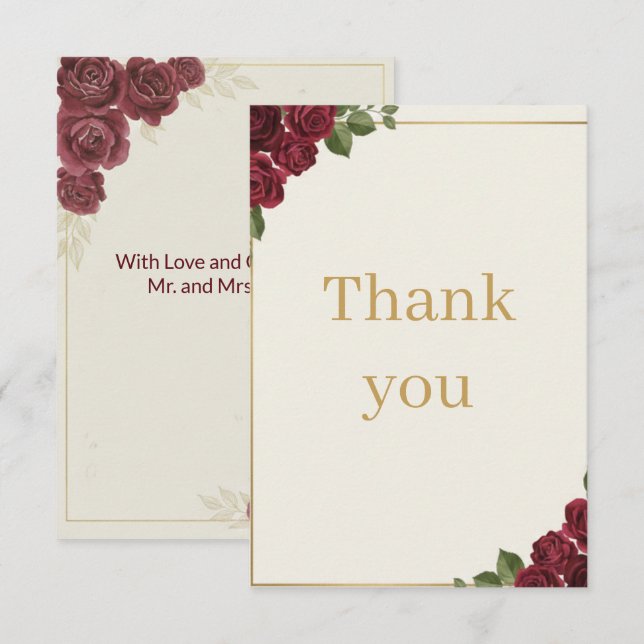 Carte De Remerciements Burgundy Floral Gold Script Wedding Thank You Card (Devant / Derrière)