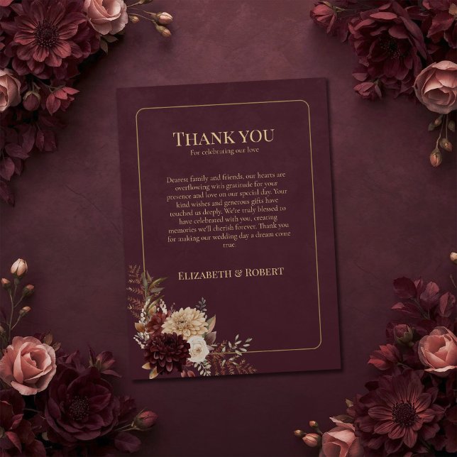 Carte De Remerciements Burgundy Floral Gothic Wedding Thank You Card (Burgundy Floral Gothic Wedding Thank You Card on a burgundy witchy wedding table with flowers)