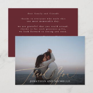 Carte De Remerciements Burgundy & Gold Fall Calligraphy Mariage Photo