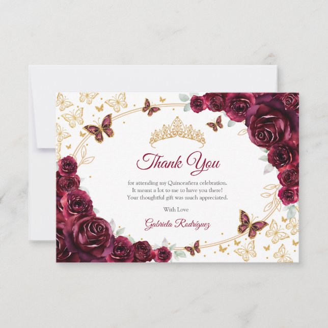 Carte De Remerciements Burgundy Gold Floral Quinceanera (Devant)