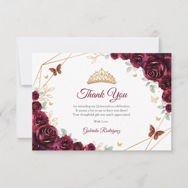 Carte De Remerciements Burgundy Gold Floral Quinceanera (Devant)