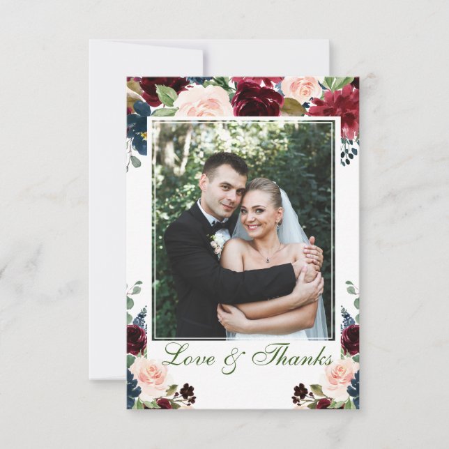 Carte De Remerciements Burgundy Navy Blue Blush Floral PHOTO Mariage (Devant)