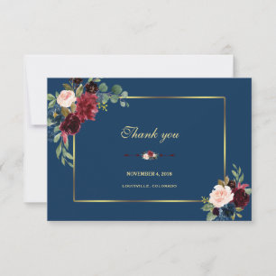 Carte De Remerciements Burgundy Navy Blue Floral Golden Frame Mariage