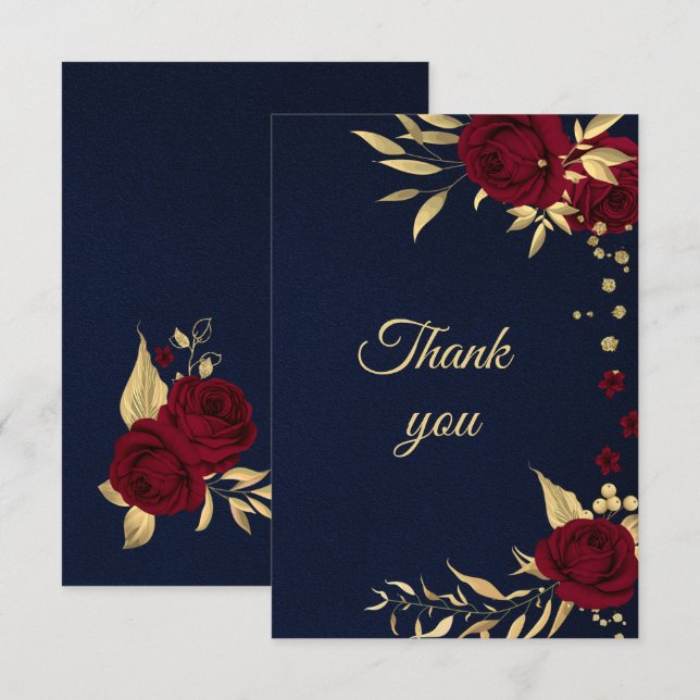 Carte De Remerciements burgundy or floral navy blue (Devant / Derrière)