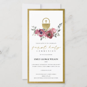 CARTE DE REMERCIEMENTS BURGUNDY OR FLORAL PREMIER SAINT COMMUNION INVITAT