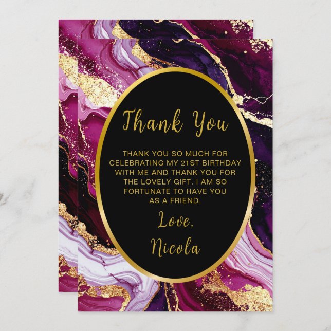 Carte De Remerciements Burgundy Red and Gold Marble Agate Birthday Party (Devant / Derrière)