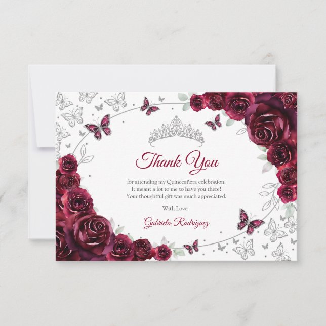 Carte De Remerciements Burgundy Silver Floral Quinceanera (Devant)