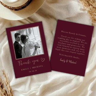 Carte De Remerciements Burgundy Wedding Photo Thank You Card Elegant