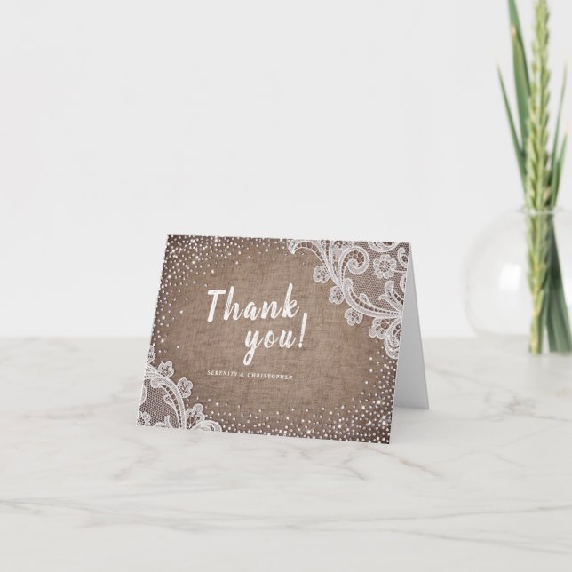Carte De Remerciements Burlap Lace parties scintillant Mariage rustique m (Devant)