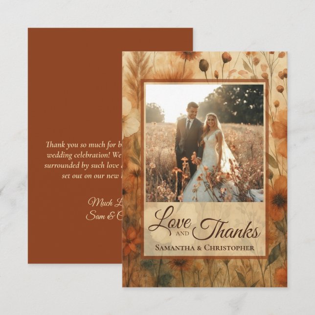 Carte De Remerciements Burnt Sienna Boho Wildflowers Photo & Note Wedding (Devant / Derrière)