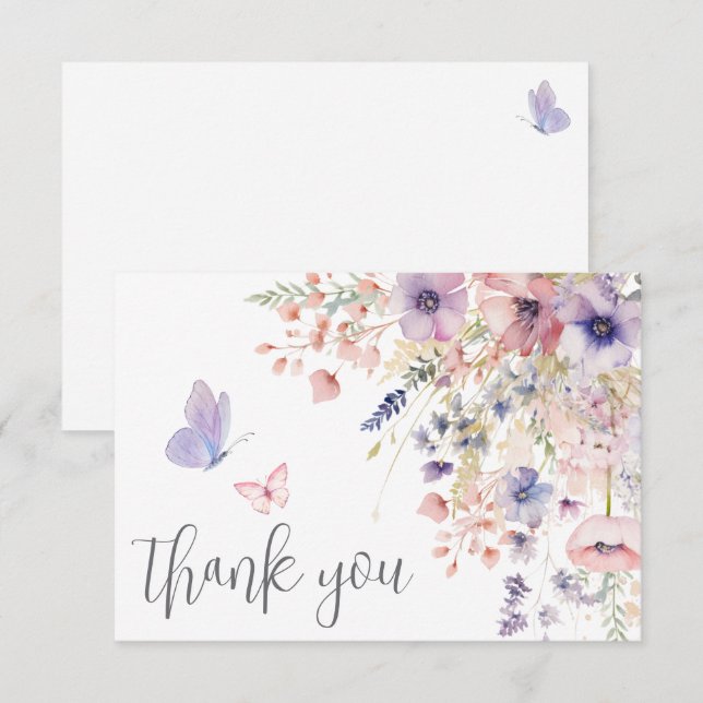 Carte De Remerciements Butterfly Blush Pink Purple Wildflower (Devant / Derrière)