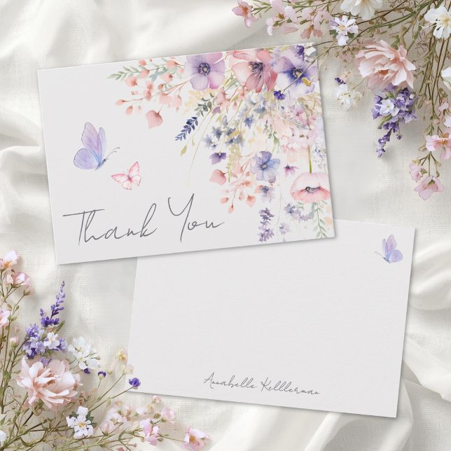 Carte De Remerciements Butterfly Blush Pink Purple Wildflower (Butterfly Blush Pink Purple Wildflower Thank You Card)