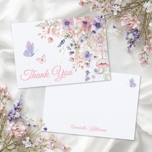 Carte De Remerciements Butterfly Blush Pink Purple Wildflower (Butterfly Blush Pink Purple Wildflower Thank You Card)